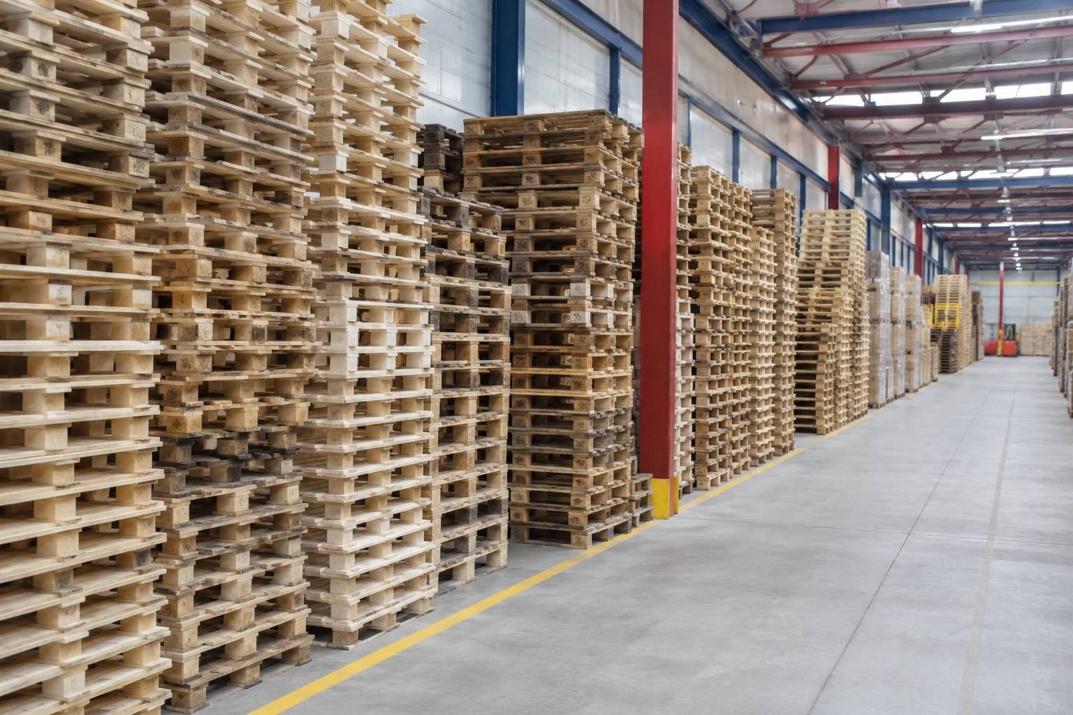 Neatly stacked reclaimed wooden pallets lining a PalletsRecyclingUSA warehouse aisle