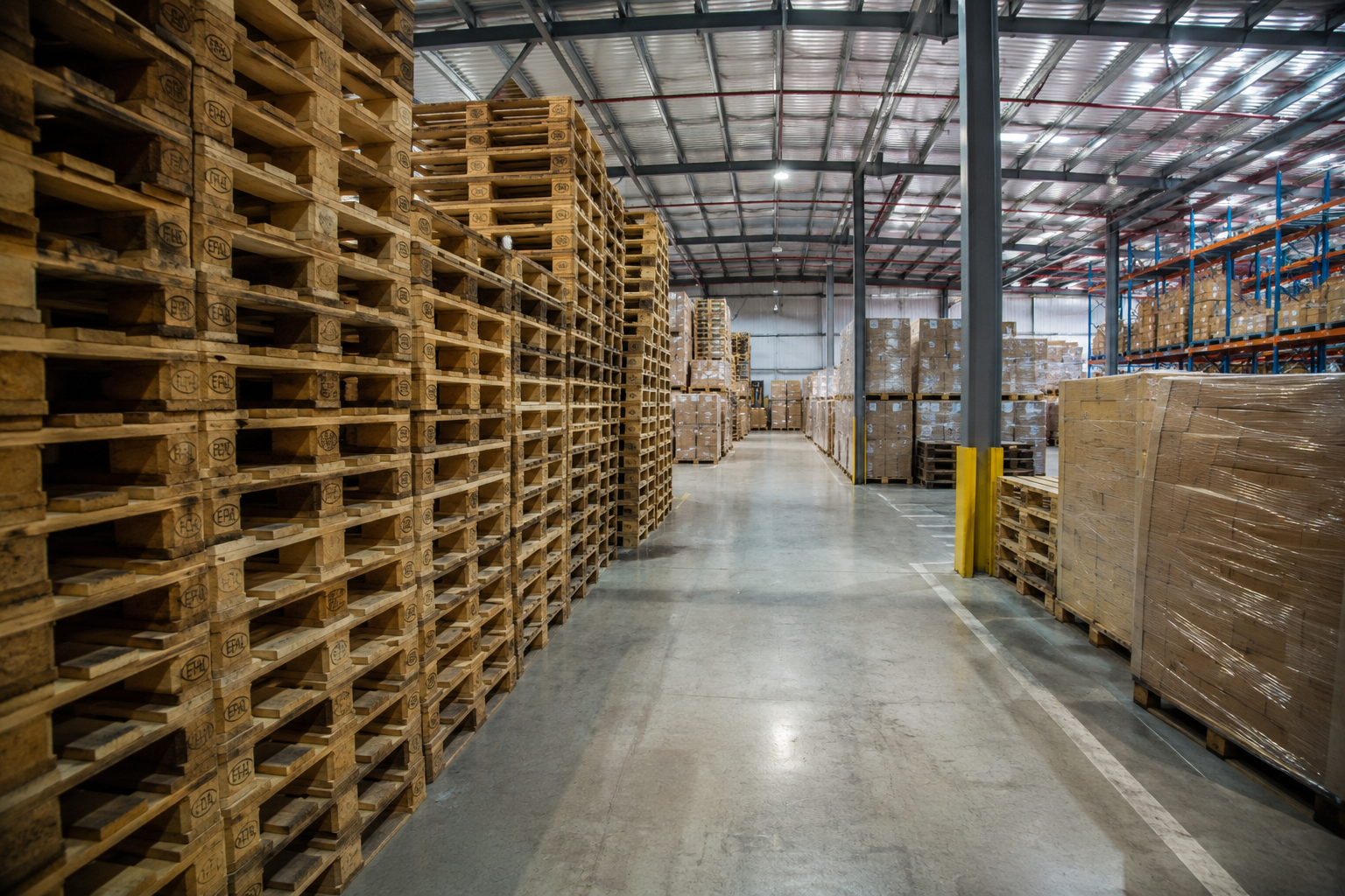 Pallets stacked along a busy distribution warehouse aisle with racking and freight