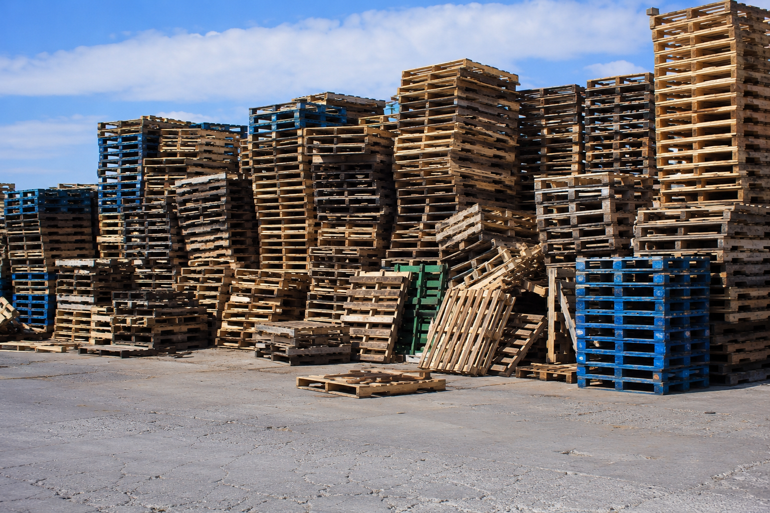 A large outdoor yard piled with mixed used wooden and plastic pallets awaiting sorting